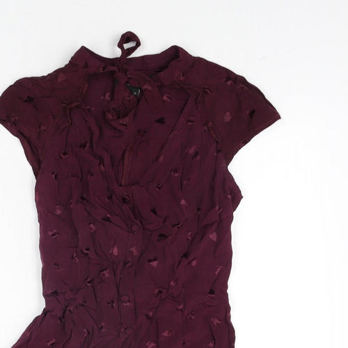 River Island Womens Purple Geometric Viscose Playsuit One-Piece Size 8 Button - Heart Pattern Keyhole Neck Bow Belted