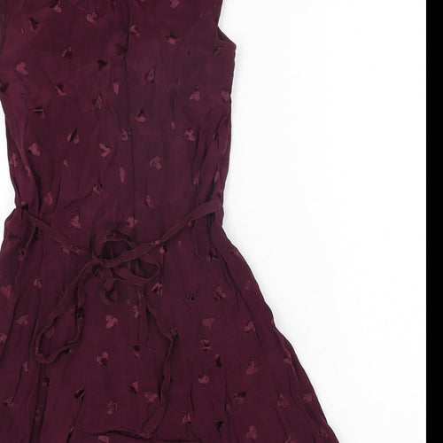 River Island Womens Purple Geometric Viscose Playsuit One-Piece Size 8 Button - Heart Pattern Keyhole Neck Bow Belted