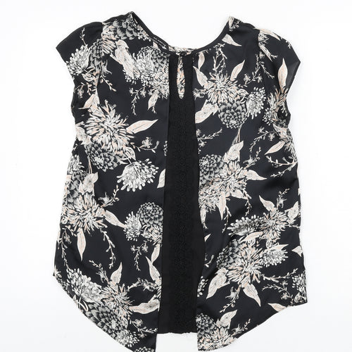 Dorothy Perkins Womens Black Floral Polyester Basic Blouse Size 12 Round Neck - Lace Detail