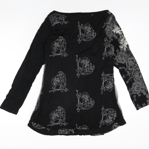 Desigual Womens Black Viscose Basic Blouse Size 8 Scoop Neck - Geometric Print Mesh Embroidered Back