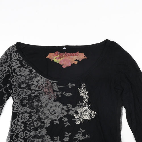 Desigual Womens Black Viscose Basic Blouse Size 8 Scoop Neck - Geometric Print Mesh Embroidered Back