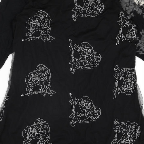 Desigual Womens Black Viscose Basic Blouse Size 8 Scoop Neck - Geometric Print Mesh Embroidered Back