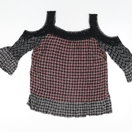 Marks and Spencer Womens Multicoloured Geometric Viscose Basic Blouse Size 12 Scoop Neck - Lace Trim Cold Shoulder