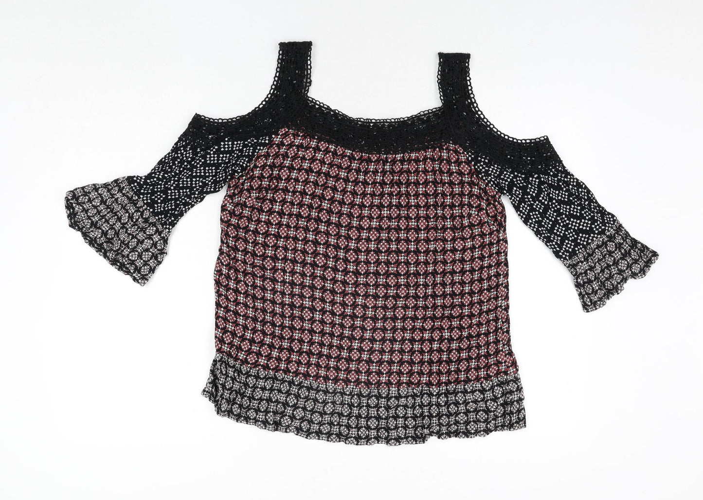 Marks and Spencer Womens Multicoloured Geometric Viscose Basic Blouse Size 12 Scoop Neck - Lace Trim Cold Shoulder
