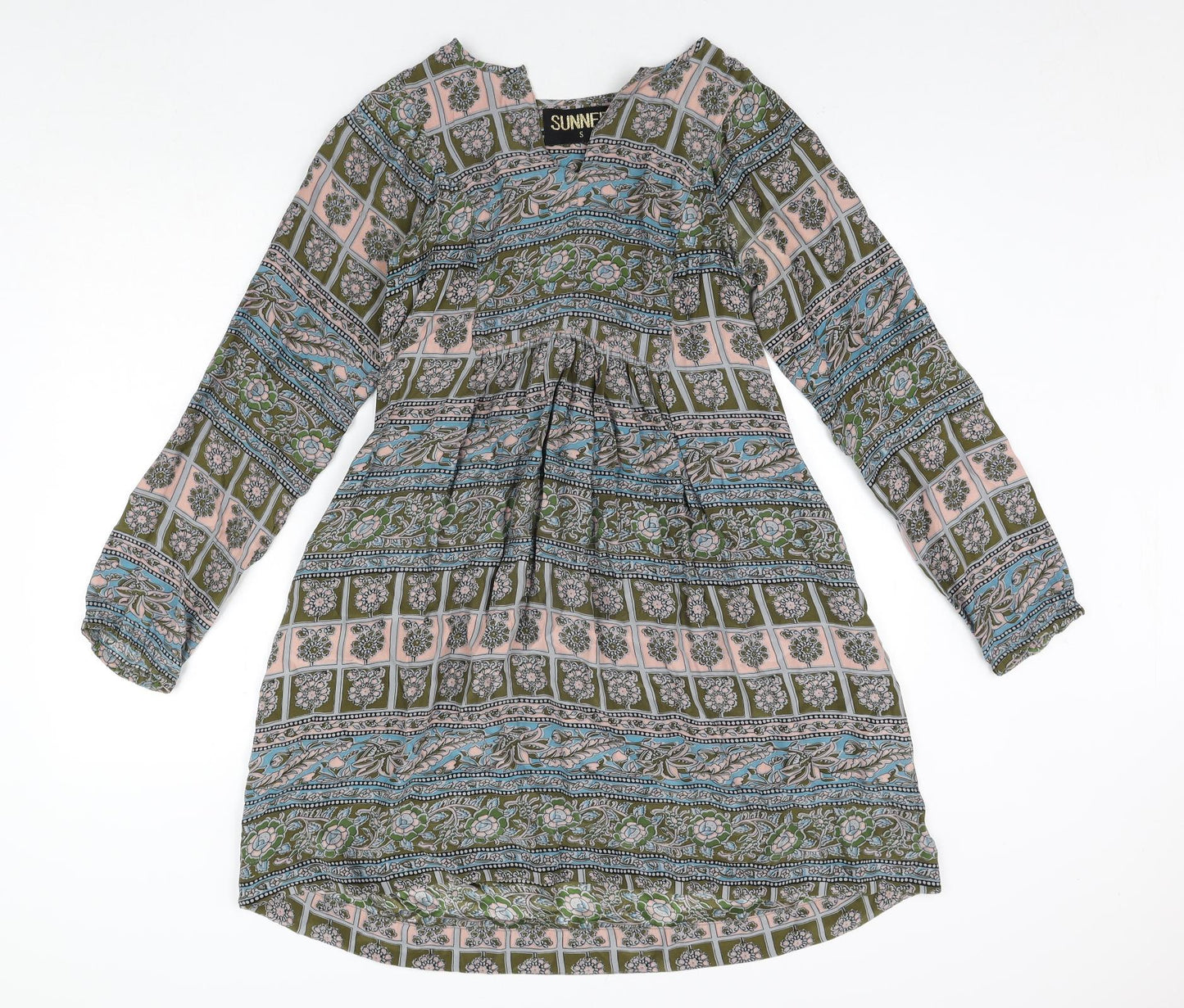 Sunner Womens Multicoloured Geometric Silk A-Line Size S V-Neck Pullover