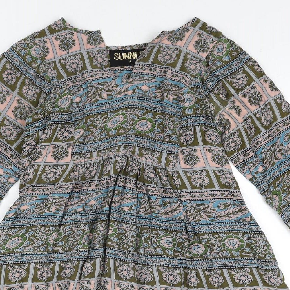 Sunner Womens Multicoloured Geometric Silk A-Line Size S V-Neck Pullover