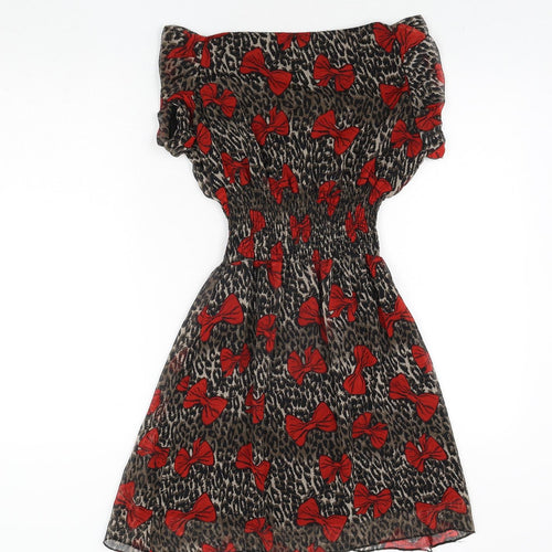 Armour Womens Brown Animal Print Polyester A-Line Size 8 Boat Neck Pullover - Leopard Print Bow