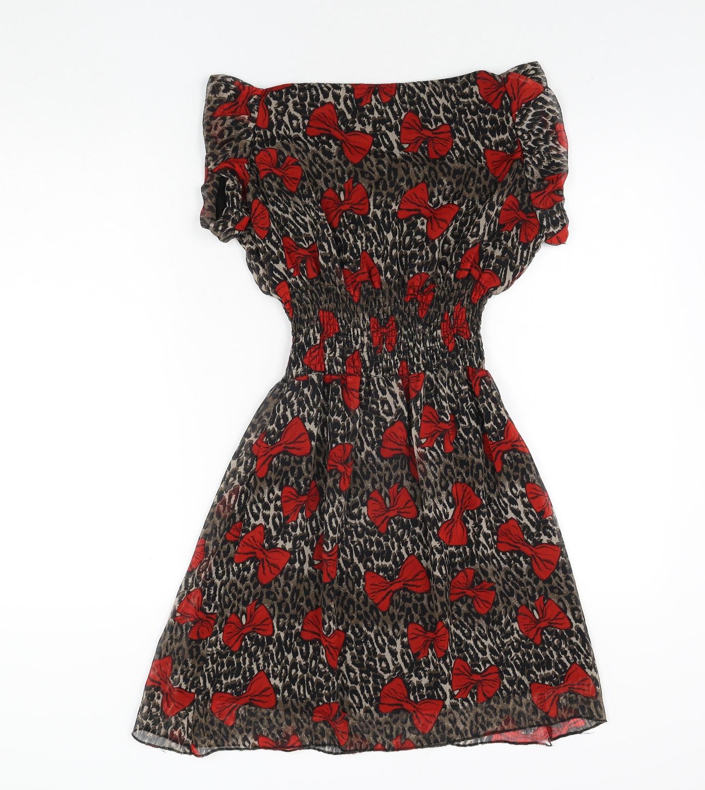 Armour Womens Brown Animal Print Polyester A-Line Size 8 Boat Neck Pullover - Leopard Print Bow