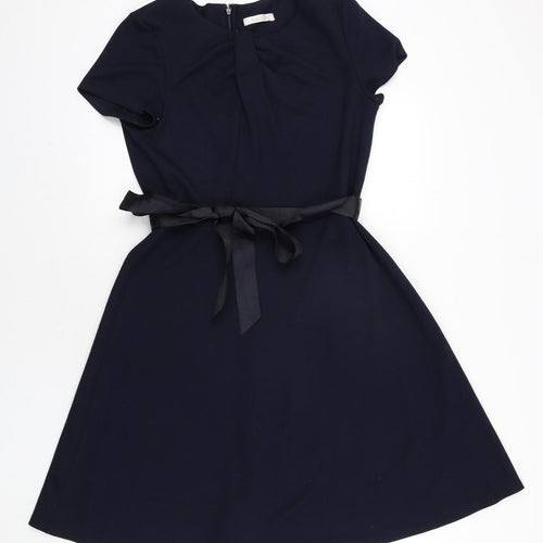 Kaliko Womens Blue Polyester A-Line Size 14 Round Neck Zip - Belted