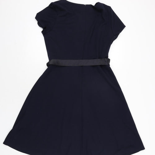 Kaliko Womens Blue Polyester A-Line Size 14 Round Neck Zip - Belted