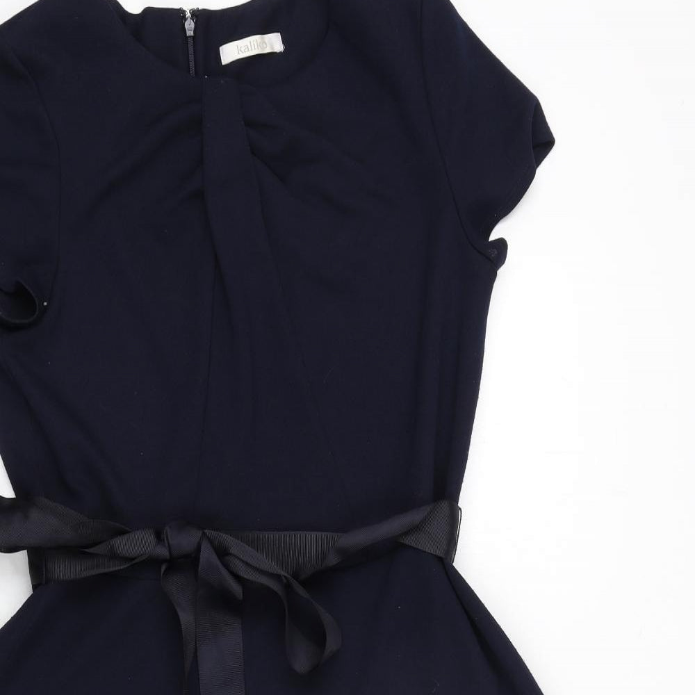 Kaliko Womens Blue Polyester A-Line Size 14 Round Neck Zip - Belted