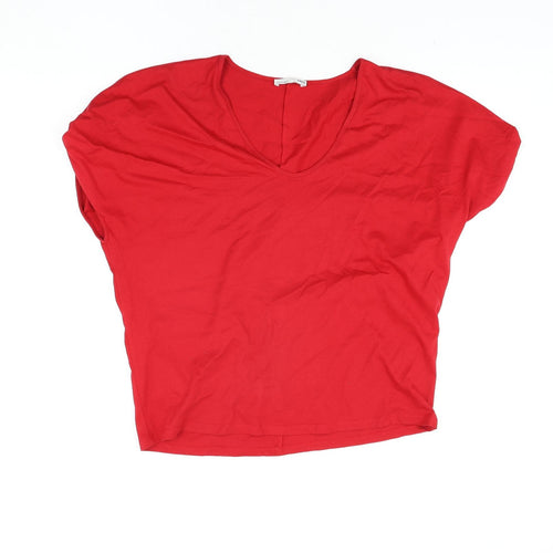 Zara Womens Red Polyester Basic T-Shirt Size M V-Neck