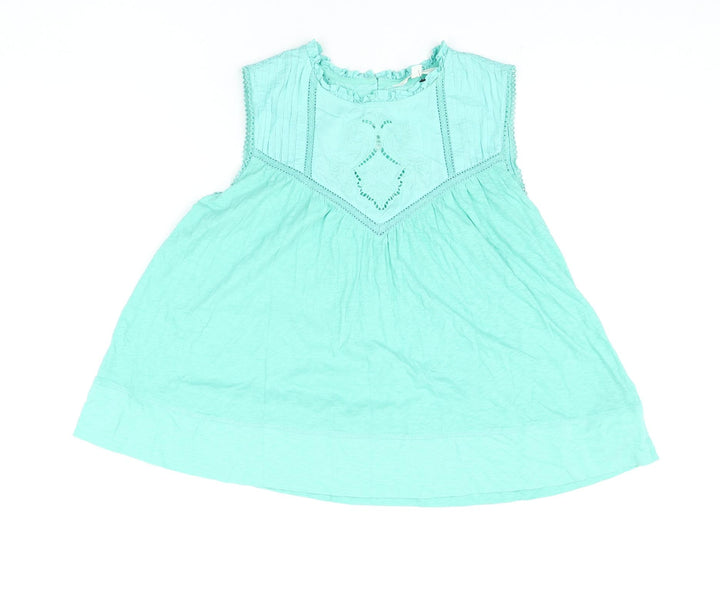 Per Una Womens Green Cotton Basic Blouse Size 12 Round Neck - Embroidered Frill