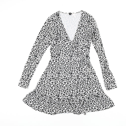 Divided by H&M Womens White Animal Print Polyester Wrap Dress Size XS V-Neck Tie - Leopard Print