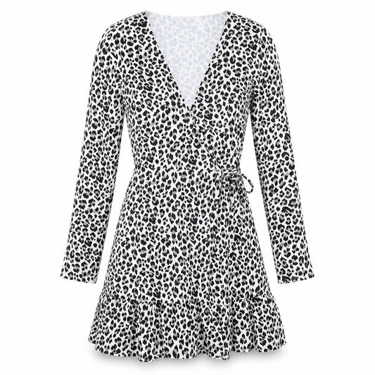 Front view of Divided by H&M women’s white animal print polyester wrap dress, size XS, v-neck tie - leopard print
