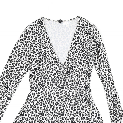 Divided by H&M Womens White Animal Print Polyester Wrap Dress Size XS V-Neck Tie - Leopard Print