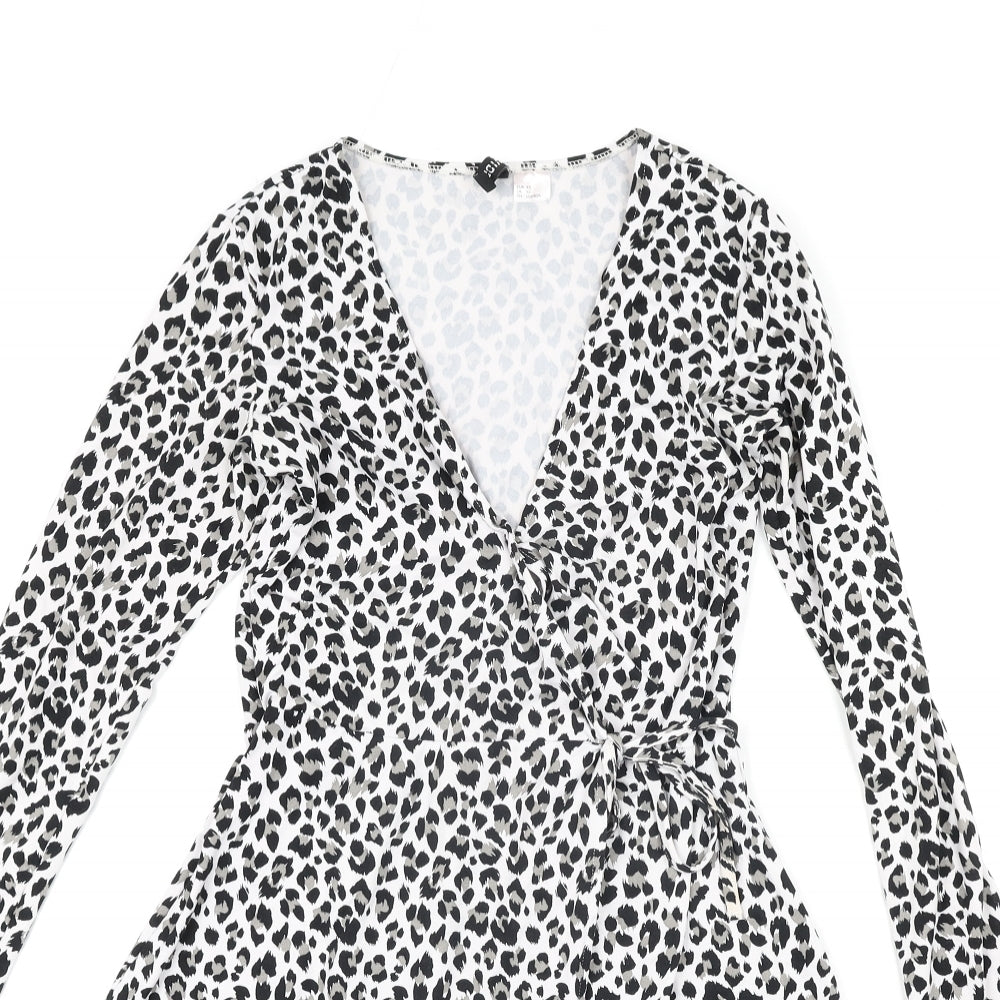 Divided by H&M Womens White Animal Print Polyester Wrap Dress Size XS V-Neck Tie - Leopard Print