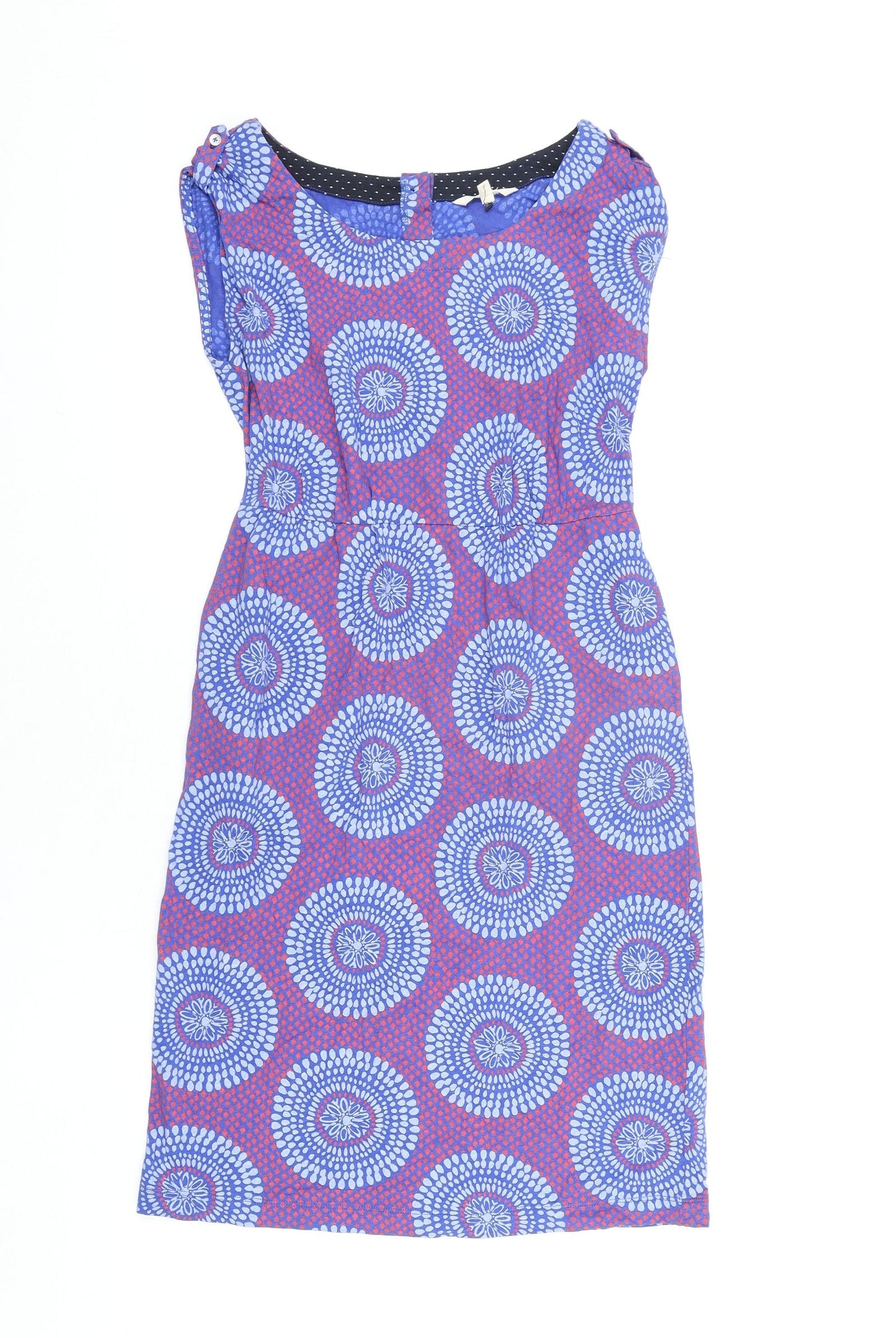 White Stuff Womens Blue Geometric Cotton Shift Size 8 Boat Neck Button