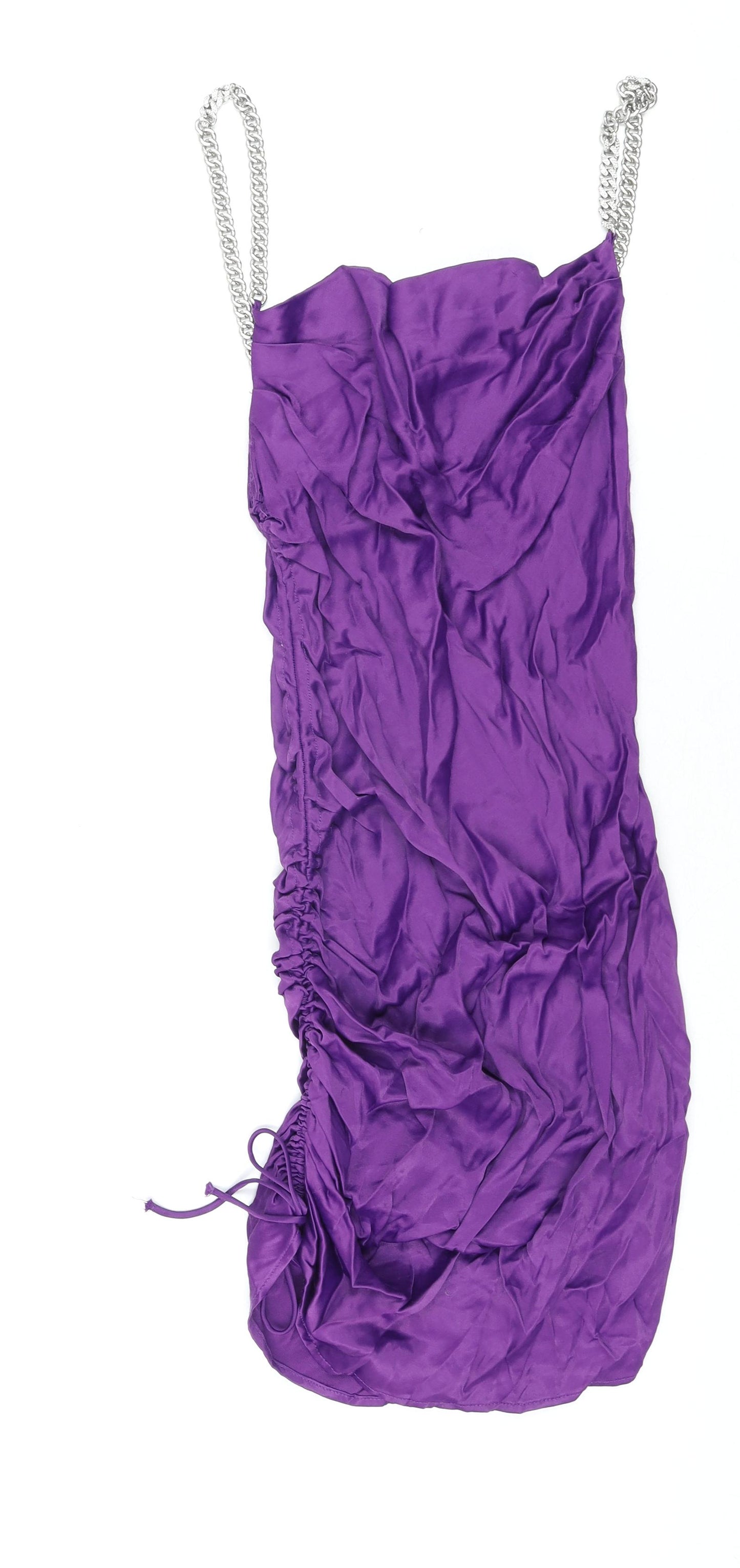 Zara Womens Purple Viscose Slip Dress Size S Cowl Neck Pullover - Drawstring Detail Chain Straps