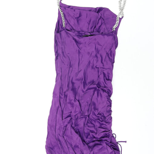 Zara Womens Purple Viscose Slip Dress Size S Cowl Neck Pullover - Drawstring Detail Chain Straps