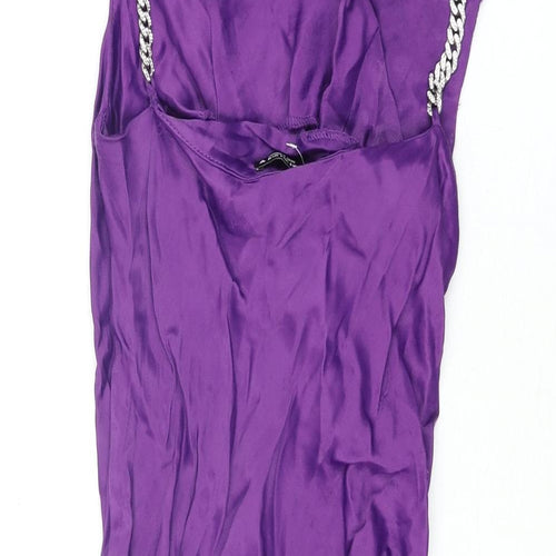 Zara Womens Purple Viscose Slip Dress Size S Cowl Neck Pullover - Drawstring Detail Chain Straps