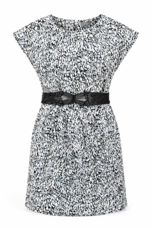 Front view of Et Vous women’s multicoloured geometric polyester shift, size UK 12, round neck zip - belted