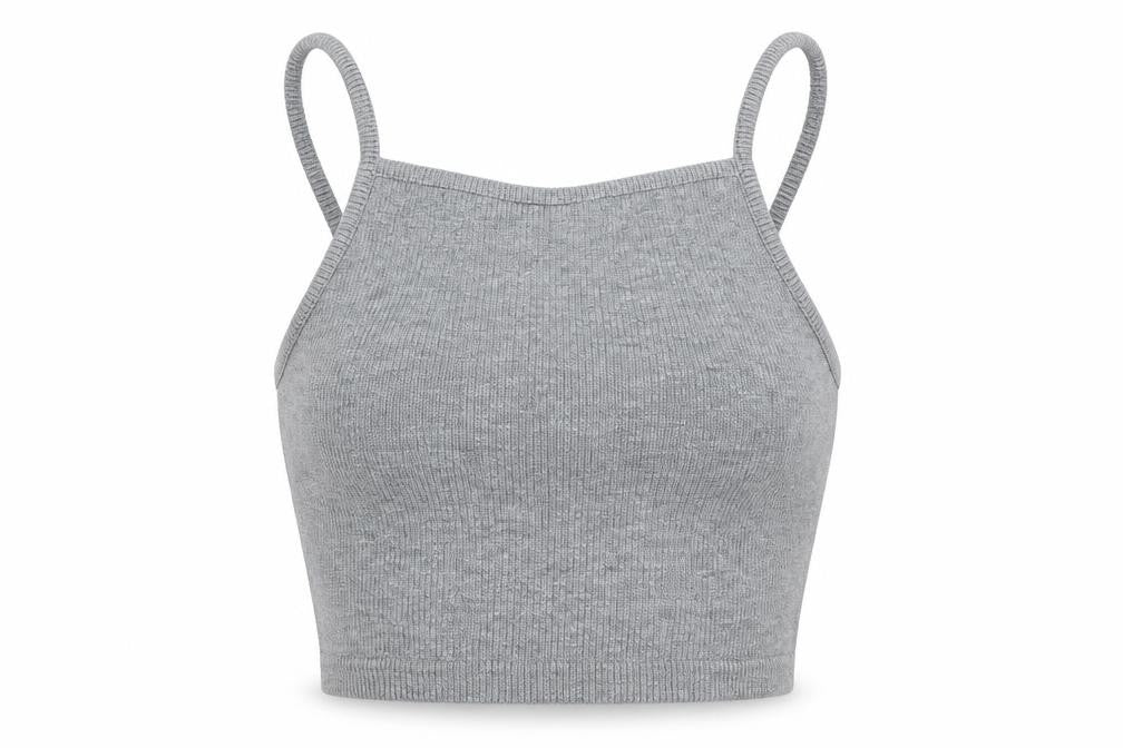 Front view of Topshop women’s grey polyester cropped tank, size UK 6, square neck - ribbed