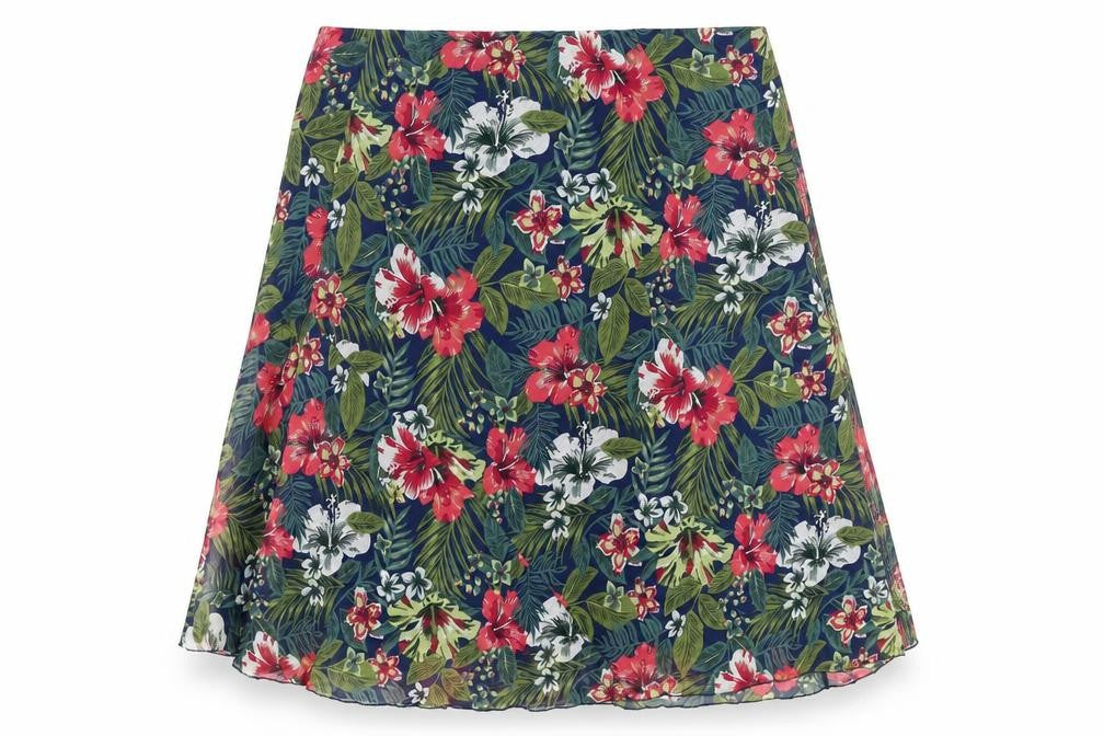 Front view of EWM women’s multicoloured floral polyester a-line skirt, size UK 36, in