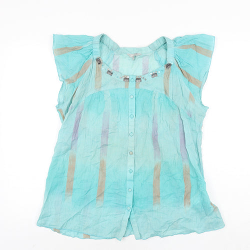 Per Una Womens Blue Cotton Basic Blouse Size 14 Round Neck - Sequin Detail