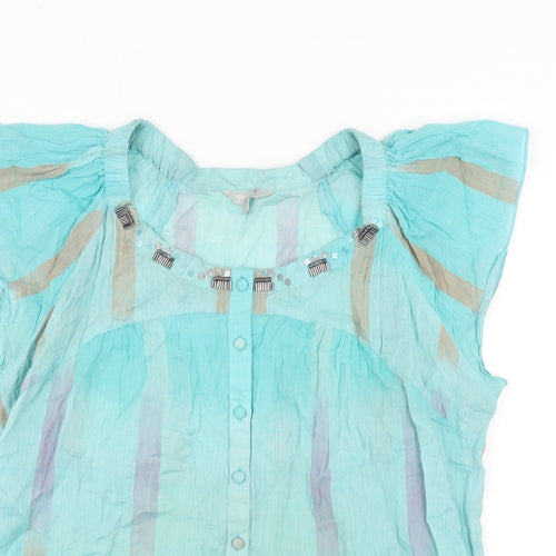 Per Una Womens Blue Cotton Basic Blouse Size 14 Round Neck - Sequin Detail