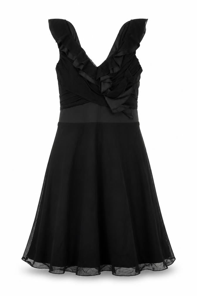 Front view of Next women’s black nylon fit & flare, size UK 12, v-neck pullover - frill