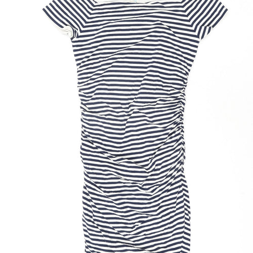 Boden Womens Blue Striped Cotton Pencil Dress Size 16 Off the Shoulder Pullover - Rouched