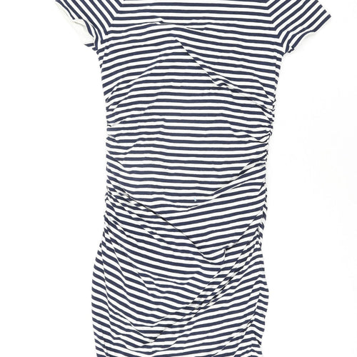 Boden Womens Blue Striped Cotton Pencil Dress Size 16 Off the Shoulder Pullover - Rouched