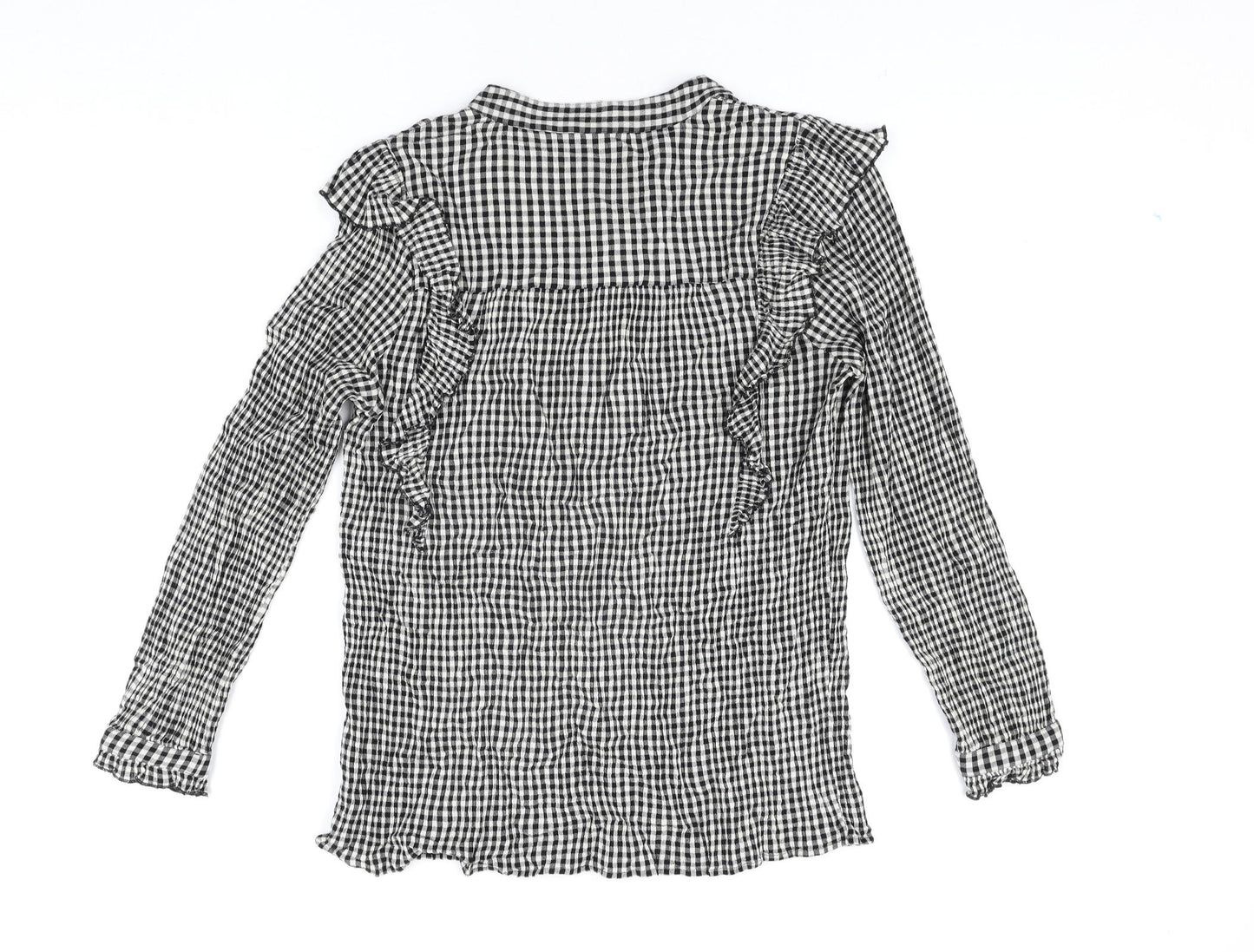 AND/OR Womens Black Check Viscose Basic Blouse Size 12 V-Neck - Frill