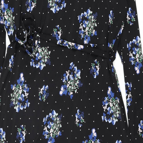 Marks and Spencer Womens Black Floral Polyester Wrap Dress Size 22 V-Neck Tie - Layered