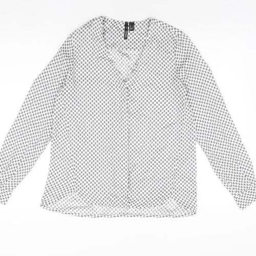 Mango Womens White Geometric Polyester Basic Button-Up Size S V-Neck