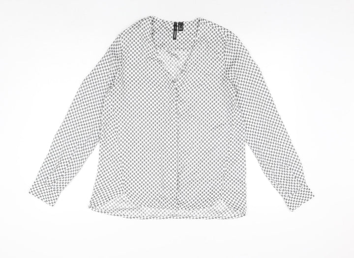 Mango Womens White Geometric Polyester Basic Button-Up Size S V-Neck