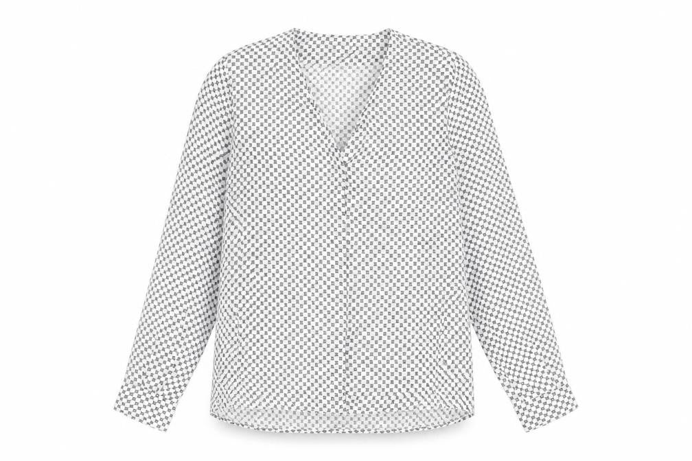 Front view of Mango women’s white geometric polyester basic button-up, size S, v-neck