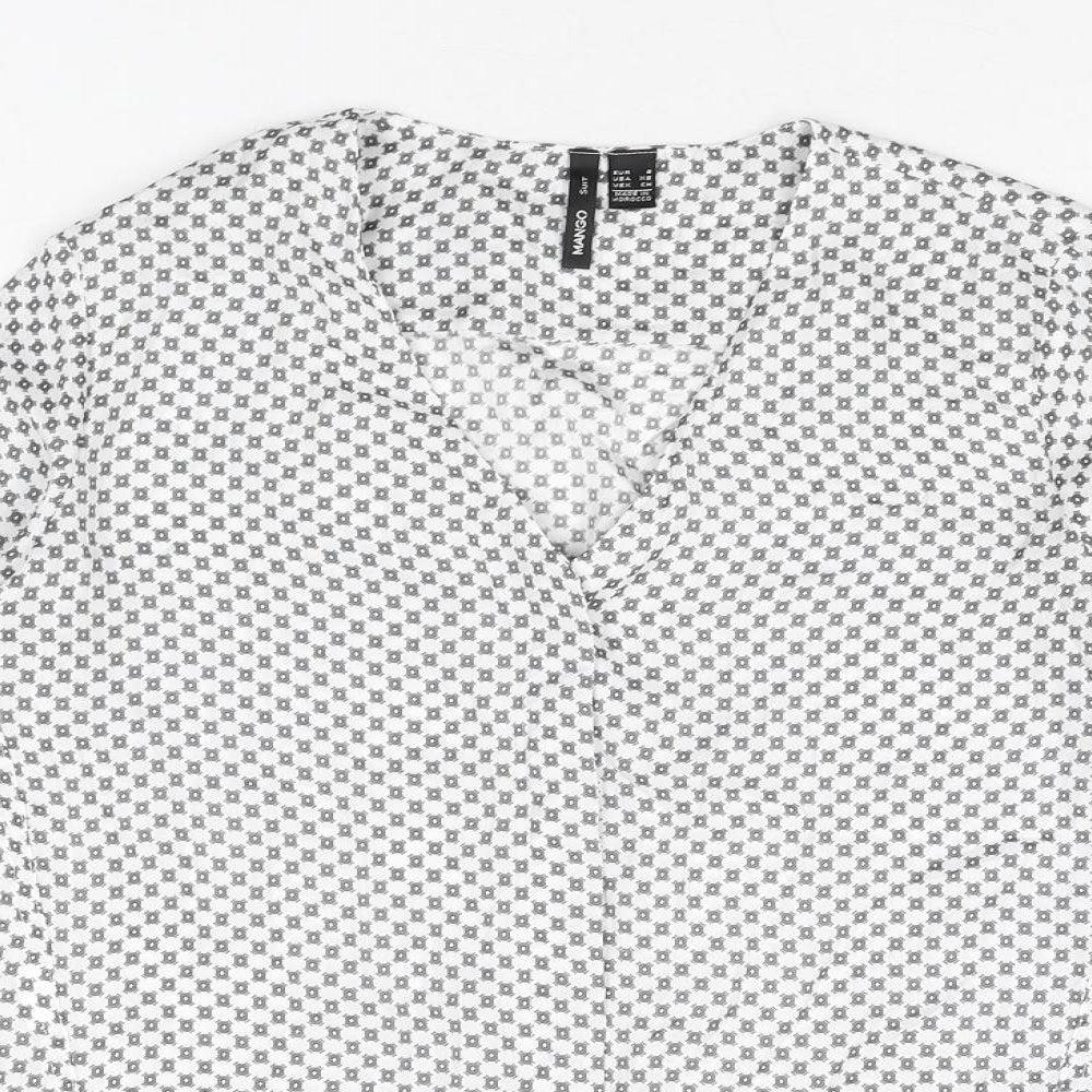 Mango Womens White Geometric Polyester Basic Button-Up Size S V-Neck
