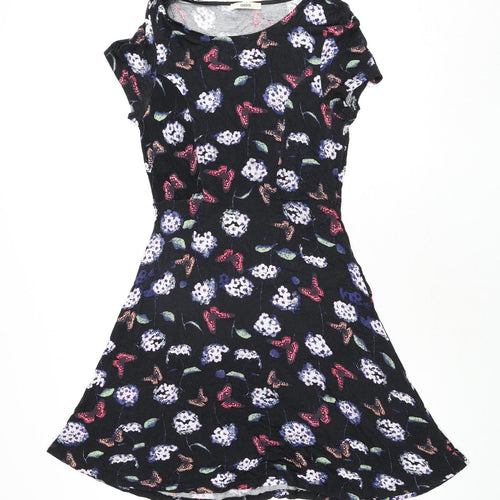 Oasis Womens Black Geometric Viscose A-Line Size M Round Neck Pullover - Flower Butterfly Print
