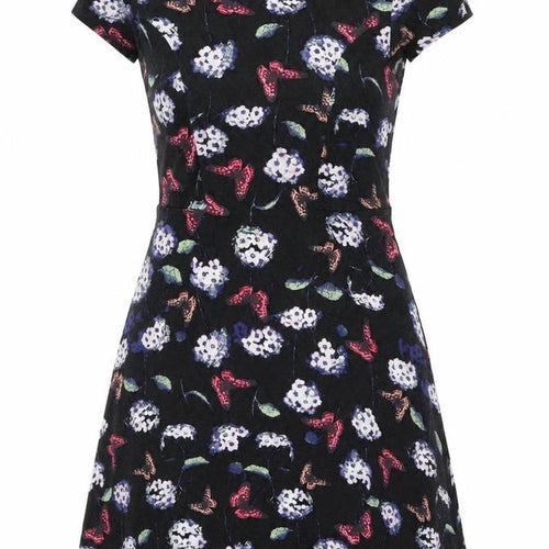 Oasis Womens Black Geometric Viscose A-Line Size M Round Neck Pullover - Flower Butterfly Print