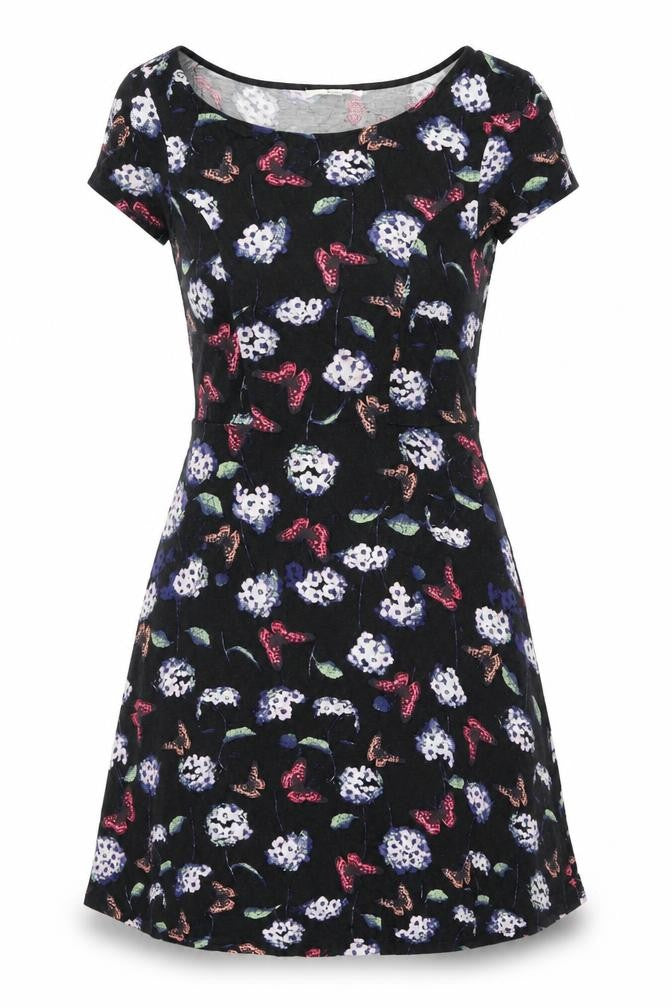 Oasis Womens Black Geometric Viscose A-Line Size M Round Neck Pullover - Flower Butterfly Print