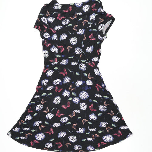 Oasis Womens Black Geometric Viscose A-Line Size M Round Neck Pullover - Flower Butterfly Print