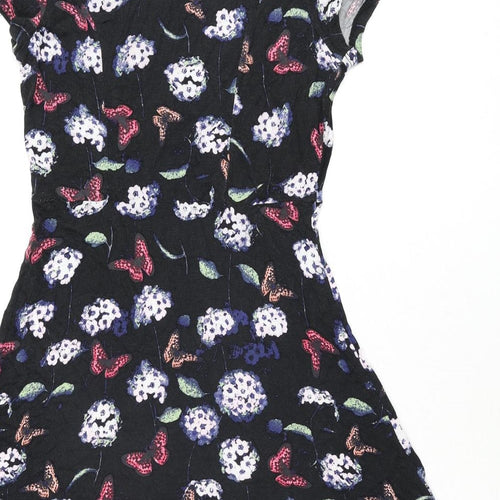 Oasis Womens Black Geometric Viscose A-Line Size M Round Neck Pullover - Flower Butterfly Print