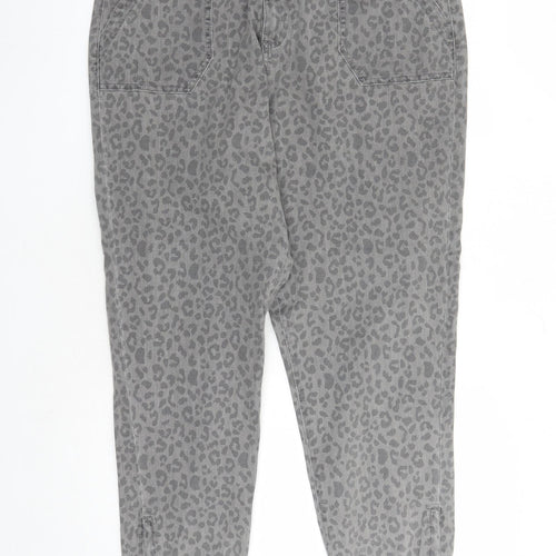 Marks and Spencer Womens Grey Animal Print Cotton Tapered Jeans Size 20 L27 in Regular Zip - Elasticated Waist Zip Detail On Ankle Leopard Pattern