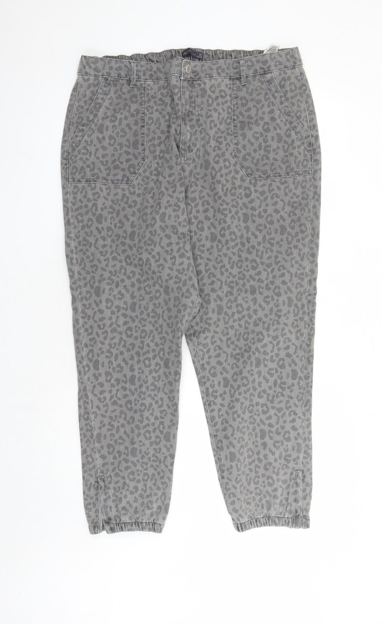 Marks and Spencer Womens Grey Animal Print Cotton Tapered Jeans Size 20 L27 in Regular Zip - Elasticated Waist Zip Detail On Ankle Leopard Pattern