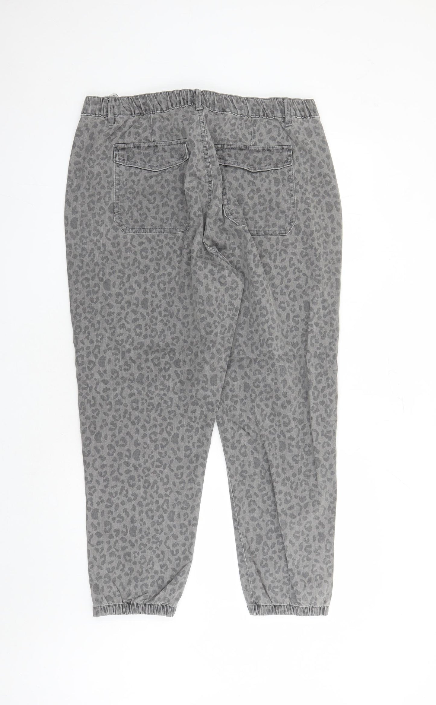 Marks and Spencer Womens Grey Animal Print Cotton Tapered Jeans Size 20 L27 in Regular Zip - Elasticated Waist Zip Detail On Ankle Leopard Pattern
