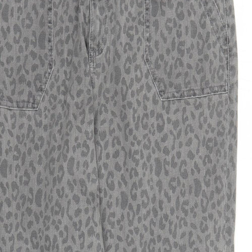 Marks and Spencer Womens Grey Animal Print Cotton Tapered Jeans Size 20 L27 in Regular Zip - Elasticated Waist Zip Detail On Ankle Leopard Pattern