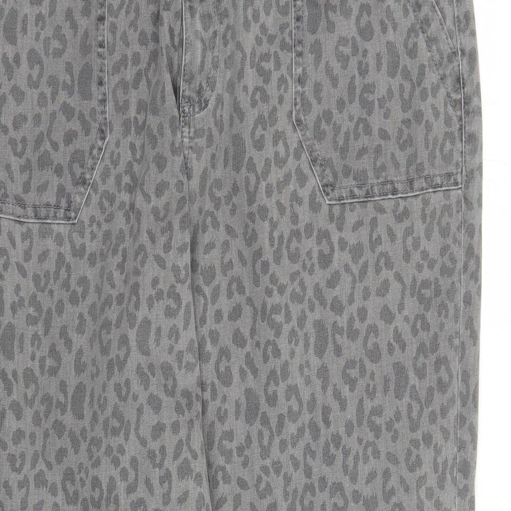 Marks and Spencer Womens Grey Animal Print Cotton Tapered Jeans Size 20 L27 in Regular Zip - Elasticated Waist Zip Detail On Ankle Leopard Pattern