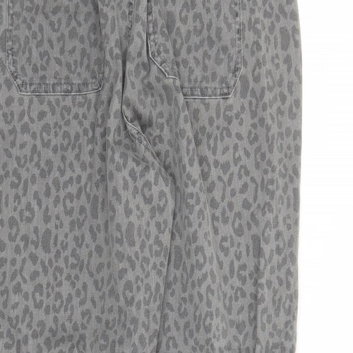 Marks and Spencer Womens Grey Animal Print Cotton Tapered Jeans Size 20 L27 in Regular Zip - Elasticated Waist Zip Detail On Ankle Leopard Pattern